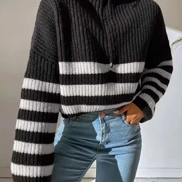 Half-Zip Striped Ribbed Knit Sweater