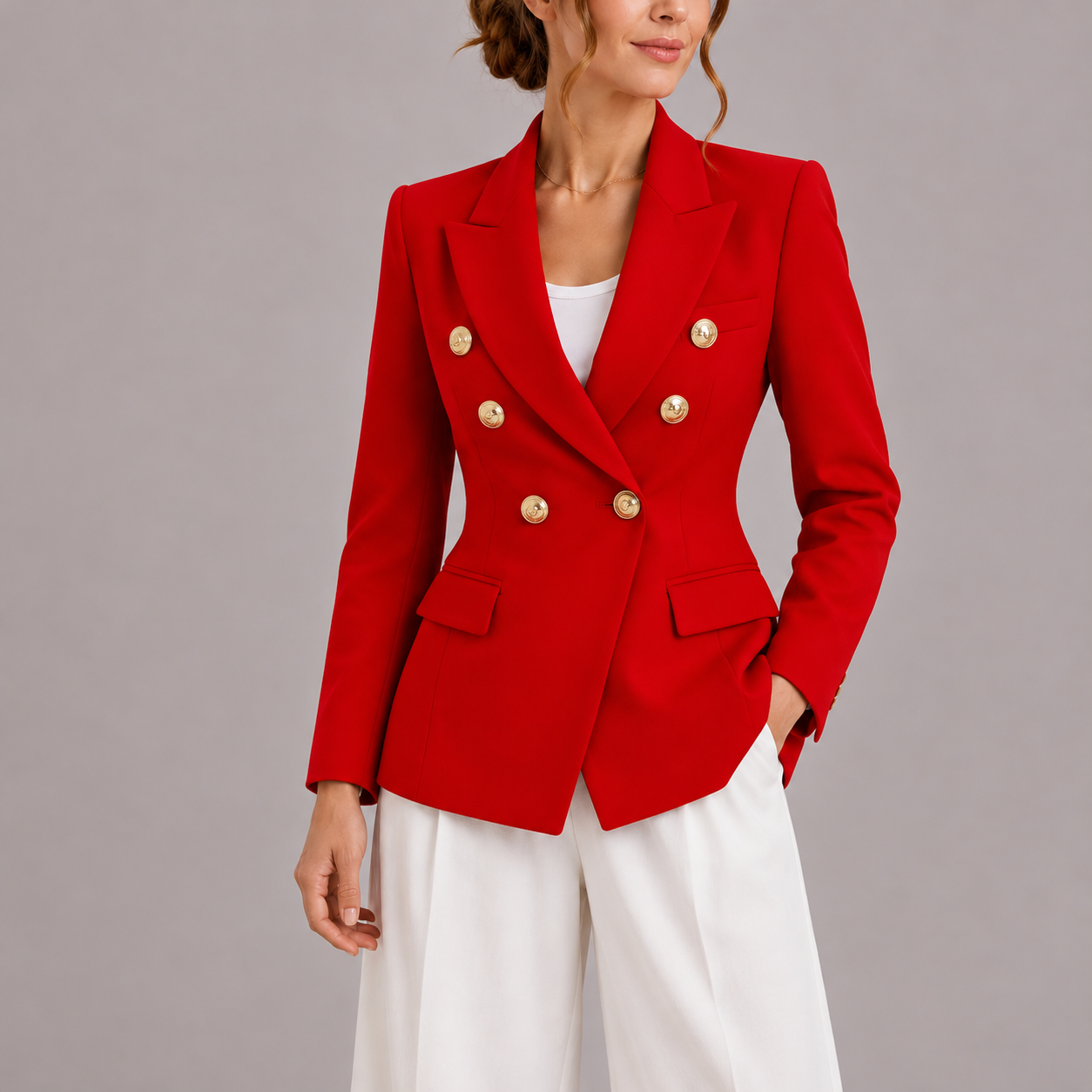 Double Breasted Blazer with Peak Lapel and Flap Pockets