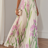 Belted Pleated Maxi Dress with Square Neck and Floral Print