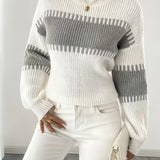 Two Tone Ribbed Knit Sweater with Balloon Sleeves and Ribbed Cuff