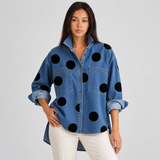Oversized Polka Dot Denim Blouse with Chest Pockets and Side Slits