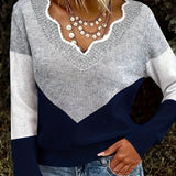 Color Block Knit Sweater with V-Neck and Ribbed Trim