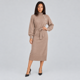 Belted Turtleneck Knit Midi Dress with Button Detail