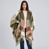 Color Block Poncho Cape with Fringe Hem