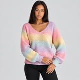 V Neck Sweater with Balloon Sleeves and Ribbed Cuff