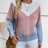Cable Knit Color Block Sweater with Raglan Sleeves and Round Neck