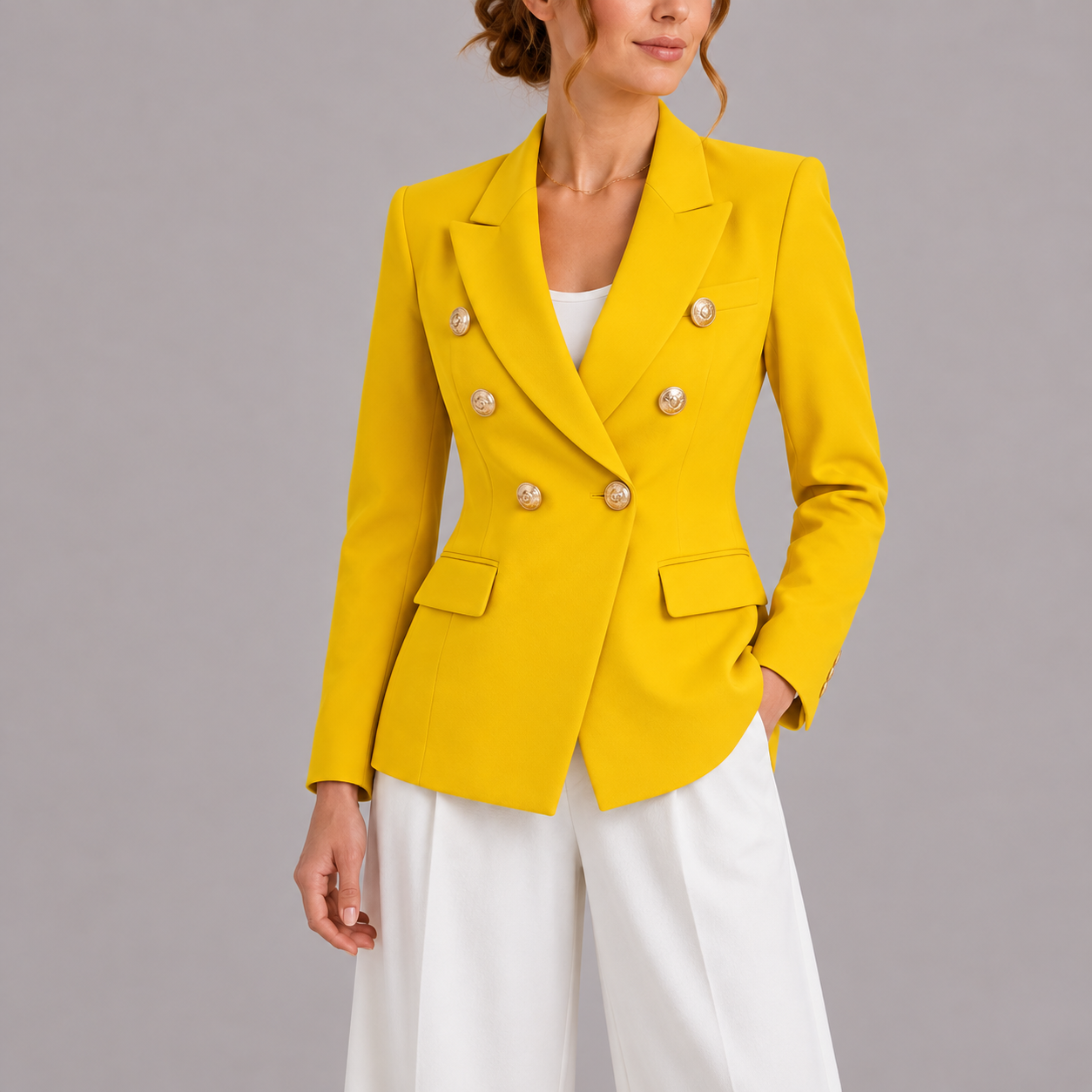 Double Breasted Blazer with Peak Lapel and Flap Pockets