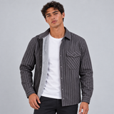 Striped Shirt Jacket with Button Front and Flap Pocket