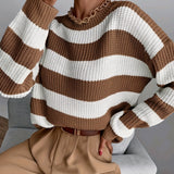 Oversized Chunky Knit Striped Sweater with Round Neck