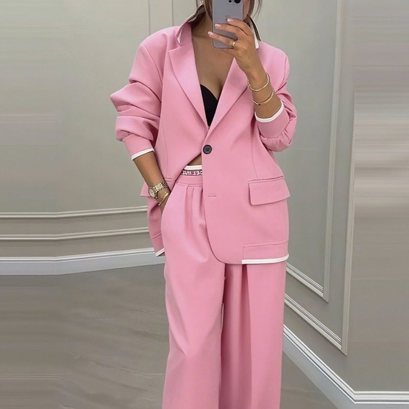 Women's Suit Set with Single Button Blazer and Wide Leg Pants