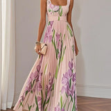 Belted Pleated Maxi Dress with Square Neck and Floral Print