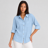 Oversized Button-Front Shirt with Chest Pocket and Long Sleeves