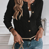Button Front Cable Knit Cardigan with Ribbed Trim