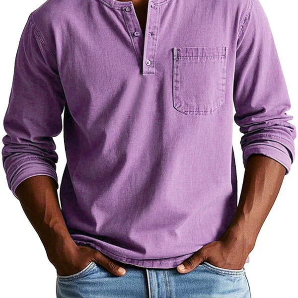 Men's Long Sleeve Button-Neck Shirt with Chest Pocket