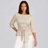 Belted Top with Boat Neck and Three-Quarter Sleeves