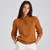 Women's Cable Knit Pullover Sweater with Three Button Stand Collar and Ribbed Cuffs for Office Wear