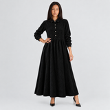 Collared A-Line Maxi Dress with Button Front and Long Sleeve