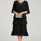 Tiered Ruffle Midi Dress with Cape Sleeves and Round Neck