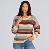 Striped Knit Sweater with Round Neck and Ribbed Cuff