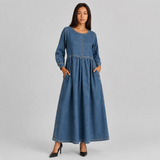 Denim Maxi Dress with Flared Skirt and Round Neck