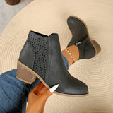 Laser Cut Ankle Boots with Side Zipper and Block Heel