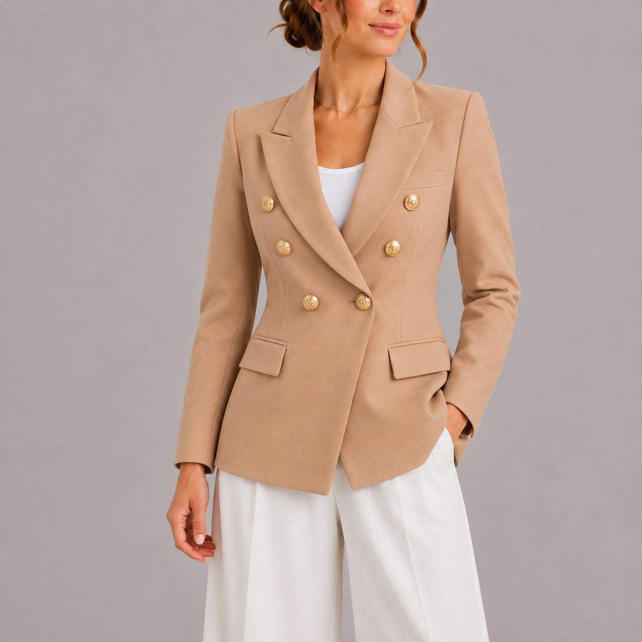 Double Breasted Blazer with Peak Lapel and Flap Pockets