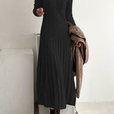 Cable Knit Maxi Sweater Dress with Round Neck and Long Sleeves