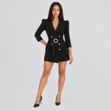 Belted Double-Breasted Blazer Mini Dress with Puff Shoulder