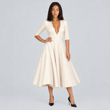 V-Neck Midi Dress with Flared Skirt and Three-Quarter Sleeve