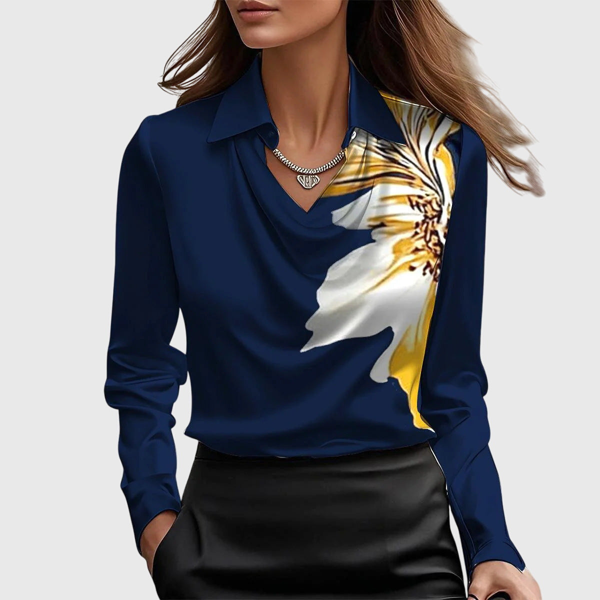 Seraphine | Elegant Satin Draped Blouse Women Long Sleeve Formal Top