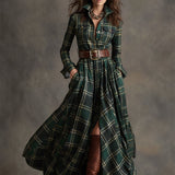 Belted Plaid Maxi Shirt Dress with Collar and Button Front