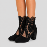 Floral Lace Mesh Ankle Boots with Block Heel