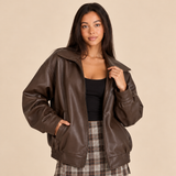 Women's Leather Look Zip Up Jacket with Wide Collar and Elasticated Hem