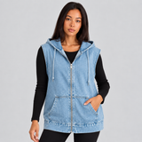 Denim Hooded Vest with Zip Front and Pockets
