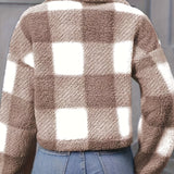 Cropped Plaid Fleece Jacket with Button Front