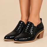 Women's Ankle Boots with Crocodile Embossed Finish Pointed Toe and Low Block Heel