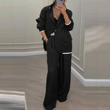 Women's Two Piece Suit with Contrast Trim Blazer and Pleated Wide Leg Pants
