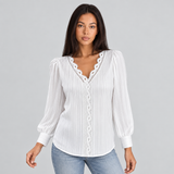 Pleated Lace-Trim V-Neck Blouse with Puff Sleeve