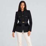 Belted Tailored Blazer with Stand Collar and Flap Pockets