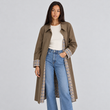 Women's Long Coat with Wide Lapels and Checked Trim for Office Wear