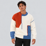 Patchwork Cable Knit Sweater with Round Neck