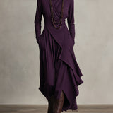 Draped Asymmetric Wrap Maxi Dress with High Neck