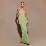 Floral Applique Maxi Dress Women Spaghetti Strap V-Neck Evening Gown