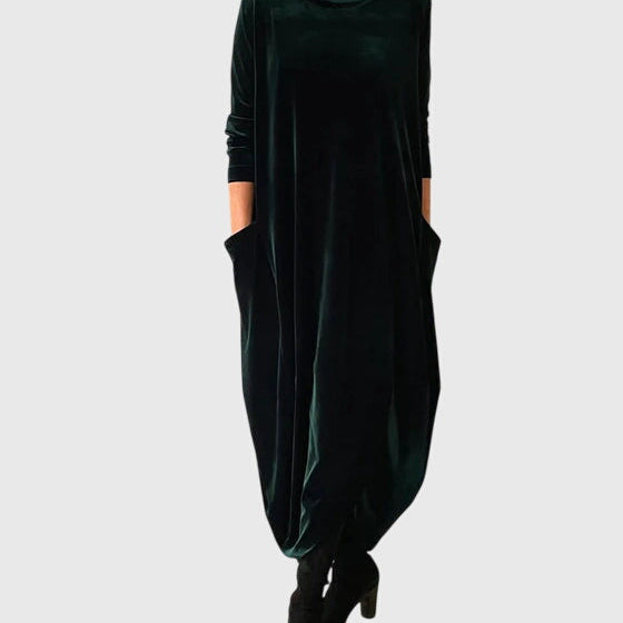Velvet Maxi Dress with Cowl Neck and Side Pockets