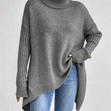 Long Sleeve Turtleneck Sweater with Asymmetric Hem