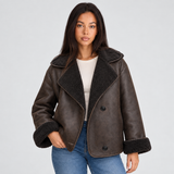 Sherpa-Lined Faux Suede Jacket with Button Front and Wide Collar