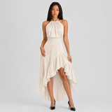 Halter Maxi Dress with Ruffle Trim and Asymmetric Hem