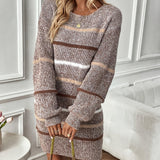Striped Knit Mini Sweater Dress with Long Sleeves and Round Neck
