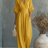 Wide-Leg Jumpsuit with Ruched Waist and Dolman Sleeve