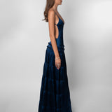 Satin V-Neck Maxi Dress with Cutout Waist and Tiered Skirt